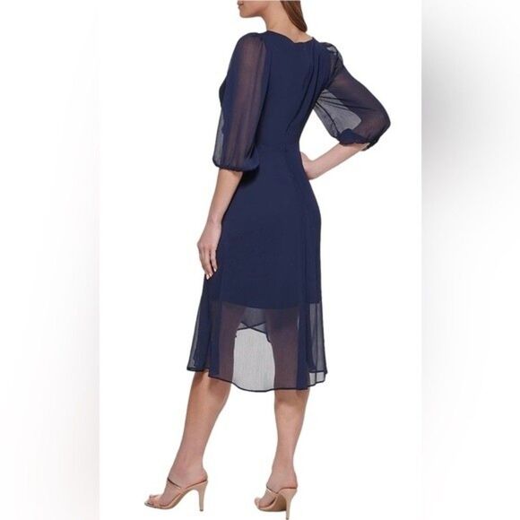 DKNY Navy Surplice Faux Wrap Chiffon Balloon Sleeve V-Neck Midi Party Dress - Picture 2 of 15